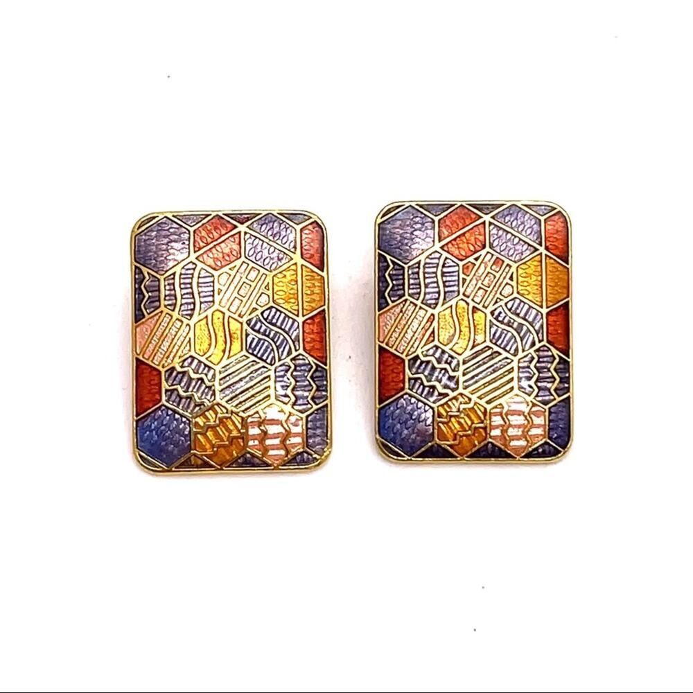 Quilt enamel patterned gold color earrings
